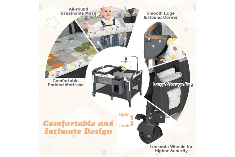 Costway 4-IN-1 Portable Travel Cot Portacot kid Co Sleeper Bedside Bassinet Playpen Cradle Adjustable Height w/Mattress &Toy Rack