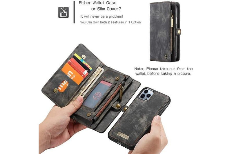 CaseMe For Apple iPhone 13 Pro Zipper & Detachable Retro Leather Pouch Wallet Flip Purse Bag Detachable Phone Case Cover (Black)