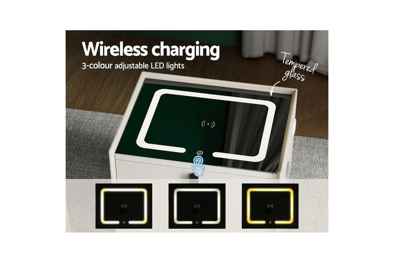Artiss Smart Bedside Table 2 Drawers with Wireless Charging Ports LED Lights