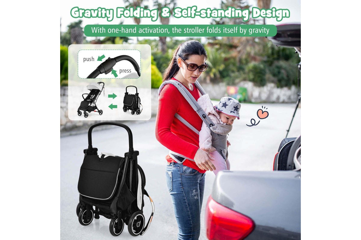 Giantex Folding Infant Stoller Portable Baby Stroller w/ Adjustable Canopy Self-Standing Gravity Folding Design Grey