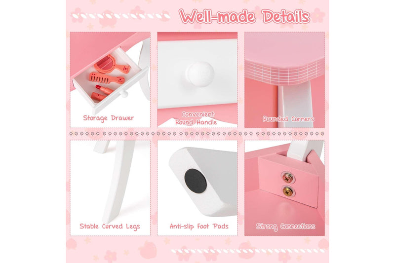 Costway 2-in-1 TOP 50 Bonus Trinkets Set Vanity Table Stool Set Tri-Folding Mirror Makeup Table Princess Dressing Table w/Storage Drawer