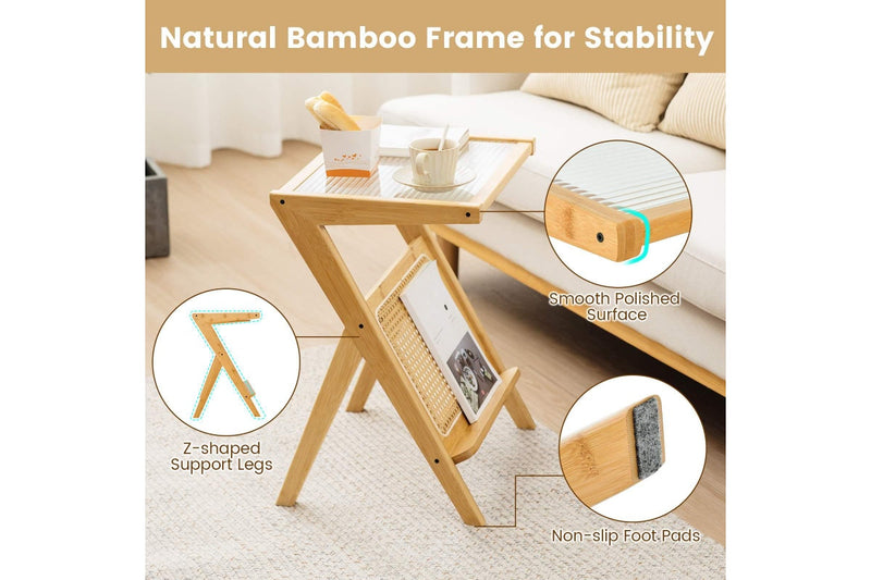 Giantex Boho Bedside Table Bamboo Nightstand Sofa Side Accent Table w/Glass Tabletop & Rattan Rack, Natural