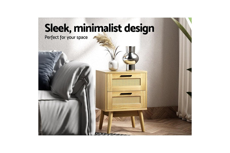 Artiss Rattan Bedside Table 2 Drawers Wood - RIE Oak