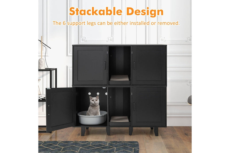 Costway Wooden Cat Litter Storage Cabinet Double Door Cat House w/Scratch Pad Black