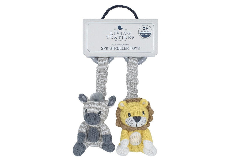2pc Living Textiles Baby Newborn Cotton Knitted Stroller Toys Zebra & Lion