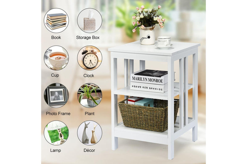 Giantex 3-Tier Bedside Table Nightstand Storage Display Shelf End Table, White