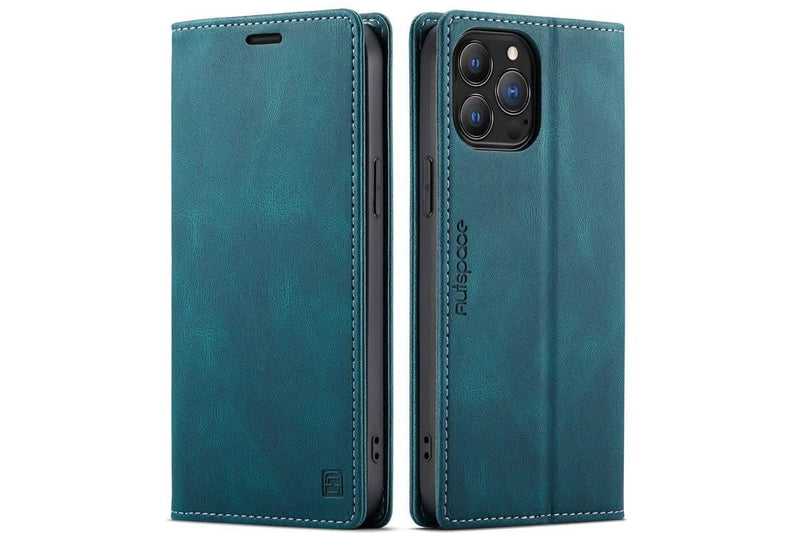 AutSpace For Apple iPhone 13 Pro Case RFID Blocking Retro Flip Premium Leather Card Holder Wallet Cover - Cyan Blue