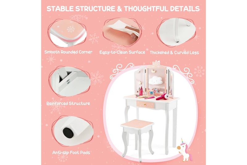 Costway Tri-Folding Mirror Vanity Table Writing Desk Durable Bedroom Furniture Pink