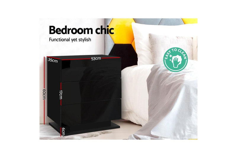 Artiss Bedside Table LED 3 Drawers - MORI Black