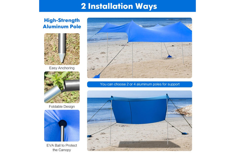 Costway Beach Sunshade Canopy UPF50+ Family Shelter Shade 3-4 Adults w/4 Poles Sandbags Peg Stakes Blue