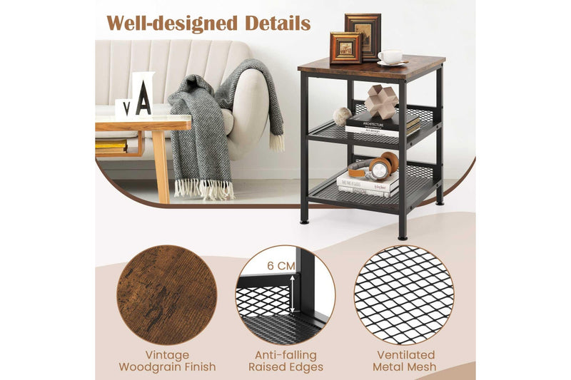 Giantex 3-Tier Sofa Side Table Industrial Nightstand Square End Table w/Storage Shelves Rustic Brown