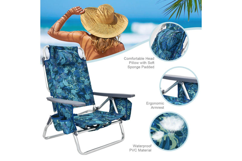Costway 2x Folding Reclining Beach Chairs Camping Arm Chairs Outdoor Fishing Picnic w/ 5-Position Backrest & Head Pillow