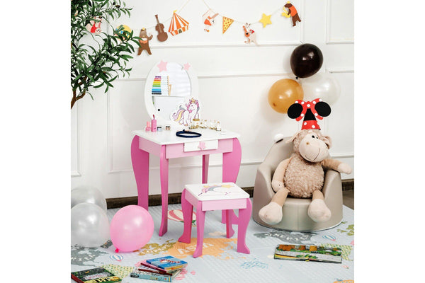 Giantex Kids Vanity Table & Chair Set Princess Makeup Dressing Table w/Mirror & Stool 2 in 1 Vanity Set Writing Desk