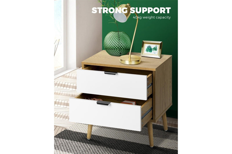 Oikiture Bedside Table 2 Drawers Oak/White