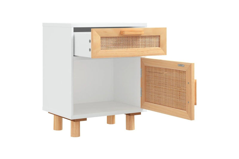 Bedside Cabinet White Solid Wood Pine and Natural Rattan vidaXL
