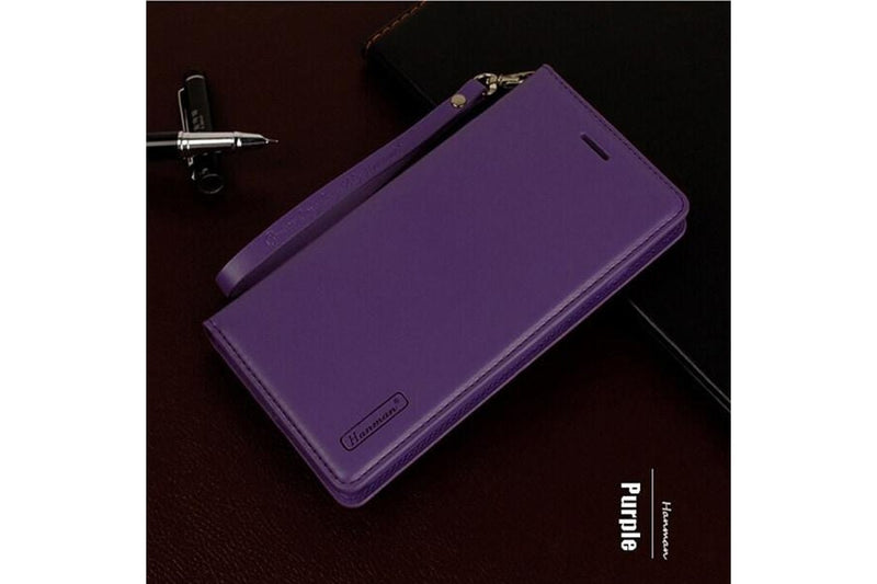For Apple iPhone 12 Pro Max Hanman Leather Wallet Case Flip Card Holder Slots Magnetic Shockproof Cover (Purple)
