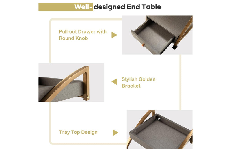 Giantex 2-tier Mobile End Table C-Shaped Sofa Side Table w/Lockable Wheels & Drawer Mobile Serving Cart Grey