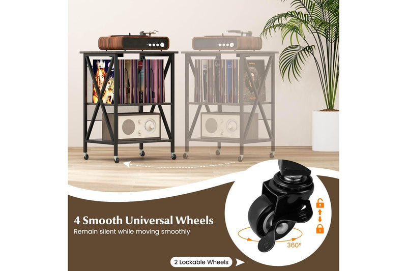 Giantex Record Player Stand Storage Rack w/Charging Station Bedside Table Grey