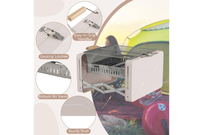 Costway Portable Charcoal Grill Folding BBQ Grill Outdoor Camping Grill w/Foldable Body & Charcoal Box Beige