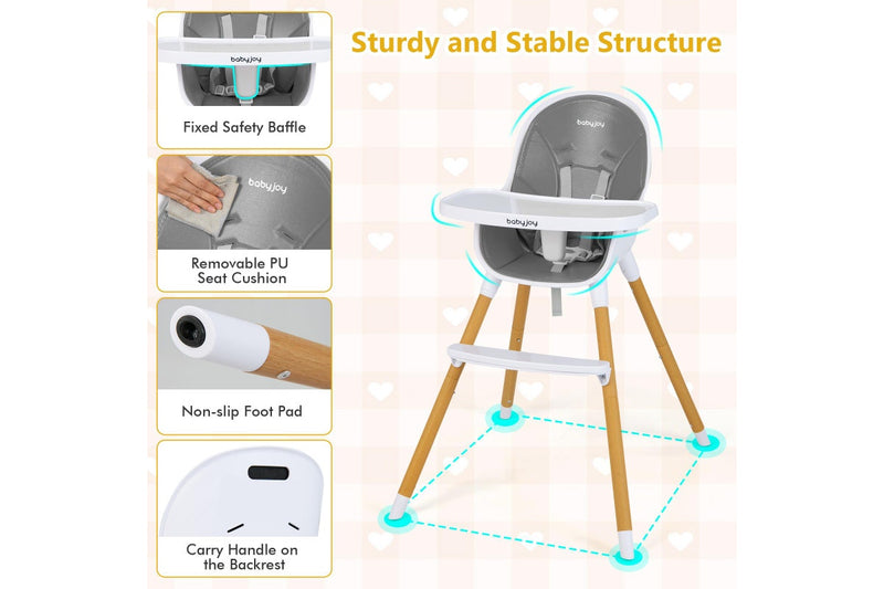 Giantex 4-in-1 Baby High Chair Convertible Infant Eating Highchair w/Adjustable Tray Kids Dining chair Grey