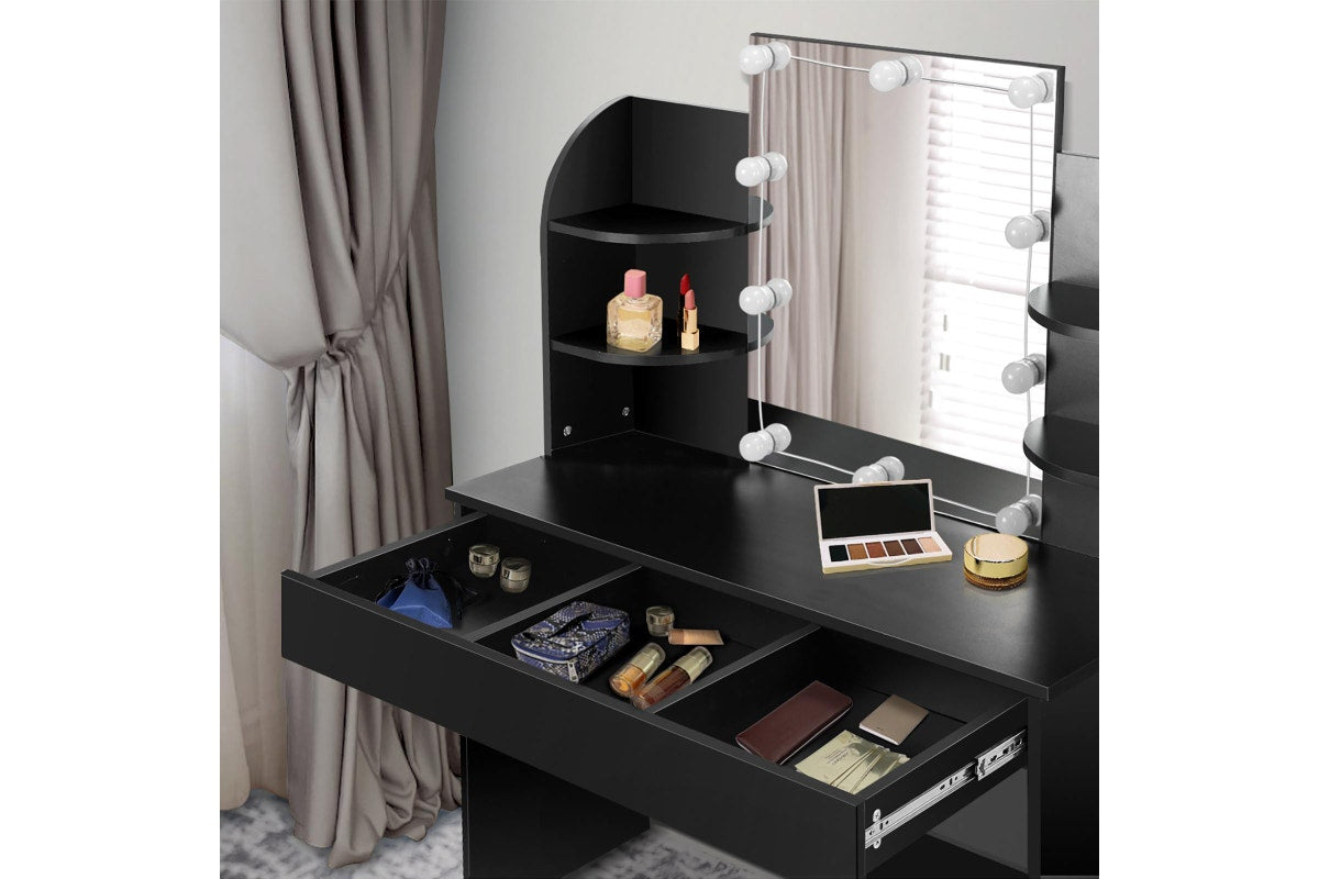 Oikiture Dressing Table Stool Mirror 10 LED Bulbs(Black)