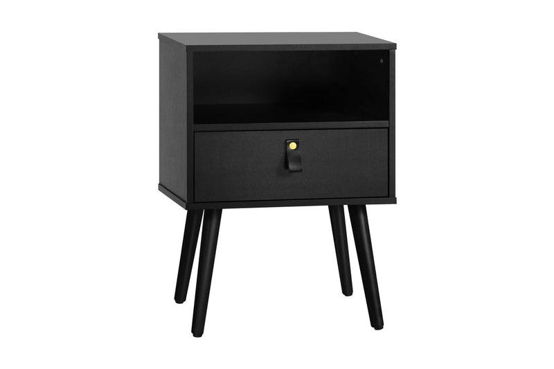 Oikiture Bedside Table Drawer Side Table w/ Leather Handle Black
