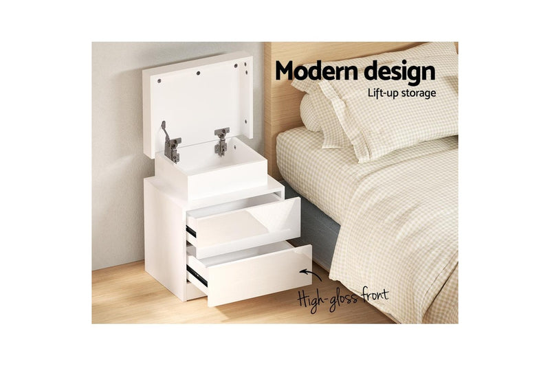 Artiss Bedside Table LED 2 Drawers Lift-up Storage - COLEY White