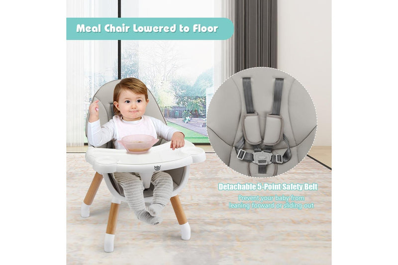 Costway 5 In 1 High Chair Convertible Eating Feeding Chair Booster Seat Wood Table Chair w/Adjustable Tray & PU Cushion, Grey
