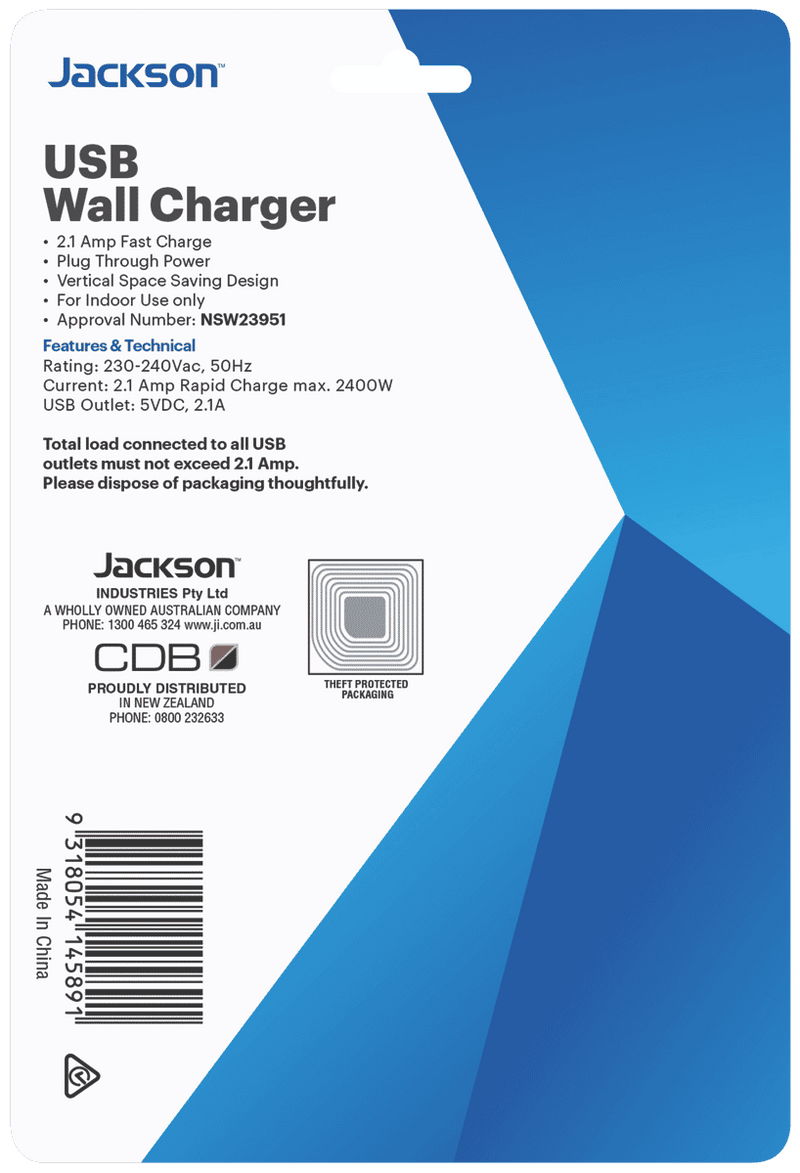 Jackson 4 USB Charger with Mains Power Outlet 1 Amp
