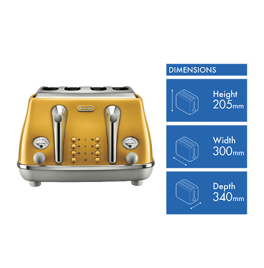 DeLonghi Icona Capitals Yellow 4 Slice Toaster