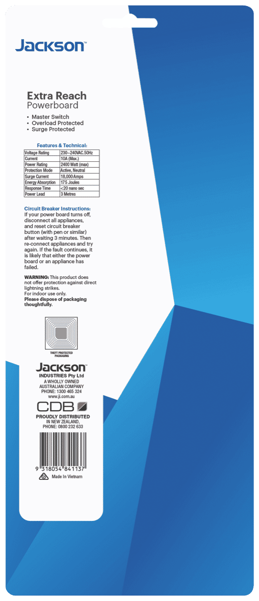 Jackson 4 Way Surge Powerboard 3m