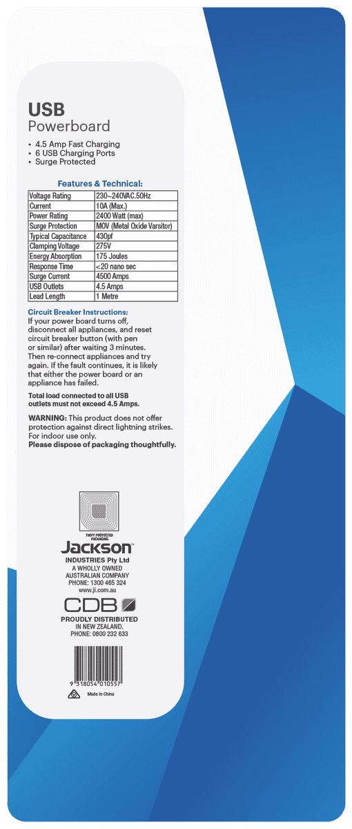 Jackson 10 Way Surge Powerboard 6x USB Ports