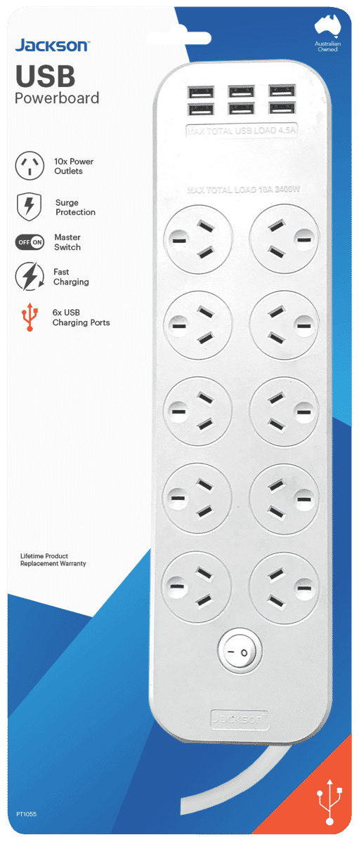 Jackson 10 Way Surge Powerboard 6x USB Ports