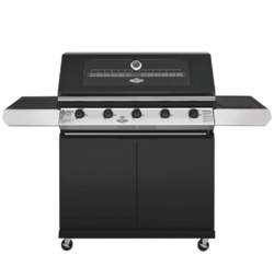 BeefEater 1200 Series Black Enamel 5 Burner BBQ & Trolley w/ Side Burner, Cast Iron Burners & Grills