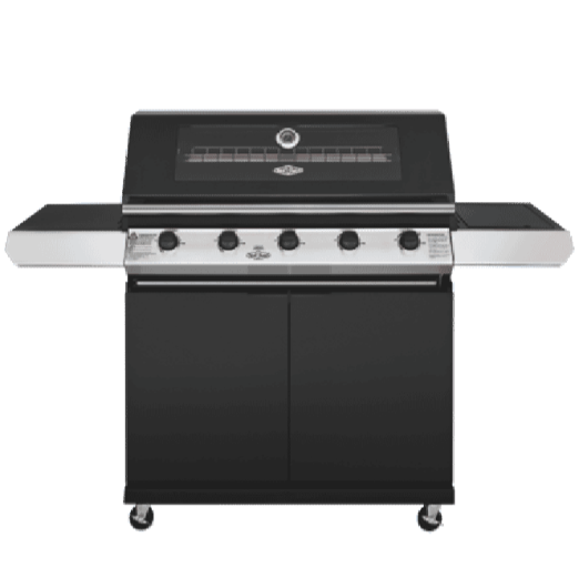 BeefEater 1200 Series Black Enamel 5 Burner BBQ & Trolley w/ Side Burner, Cast Iron Burners & Grills