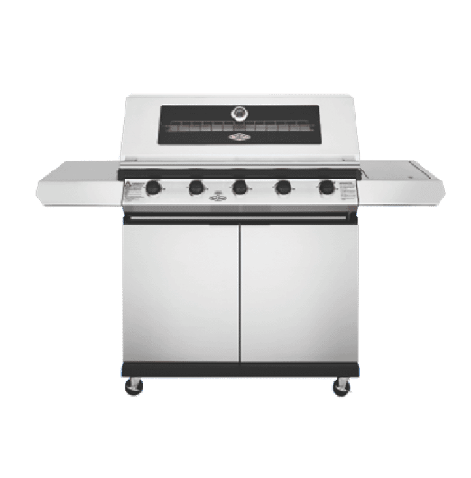 BeefEater 1200 Series Stainless Steel 5 Burner BBQ & Trolley w/ Side Burner, Cast Iron Burners & Grills