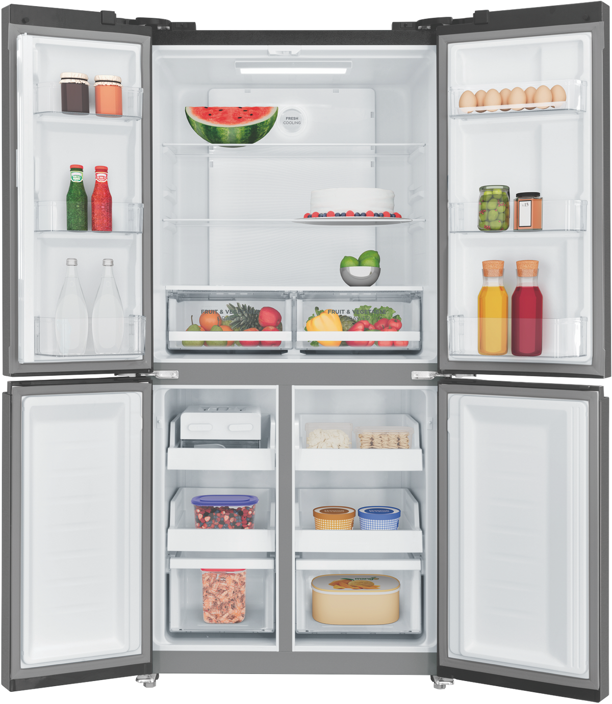 Westinghouse 496L Quad Door Refrigerator WQE4900BA - interior open with food
