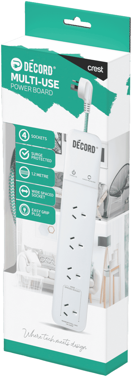 Crest Decord Power Board 4 Socket Surge Protected 1.2m