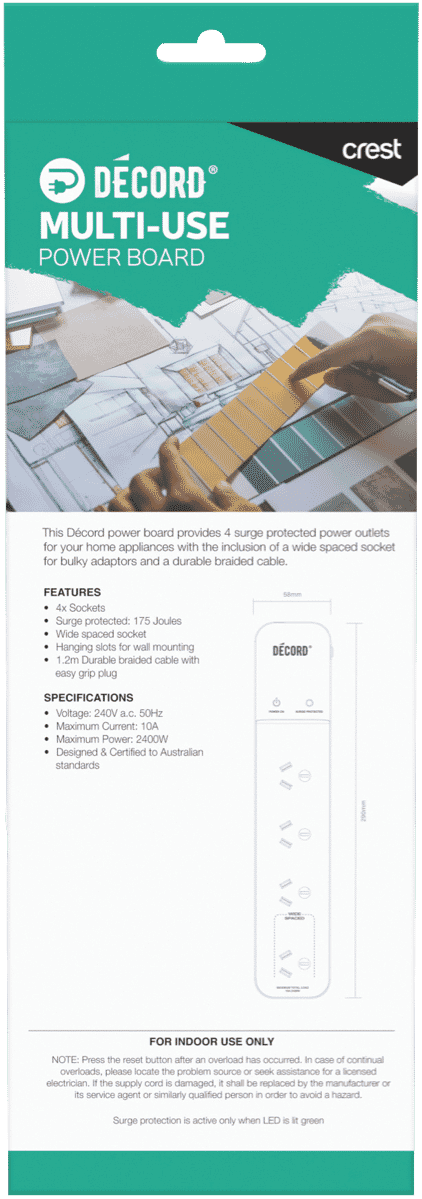 Crest Decord Power Board 4 Socket Surge Protected 1.2m