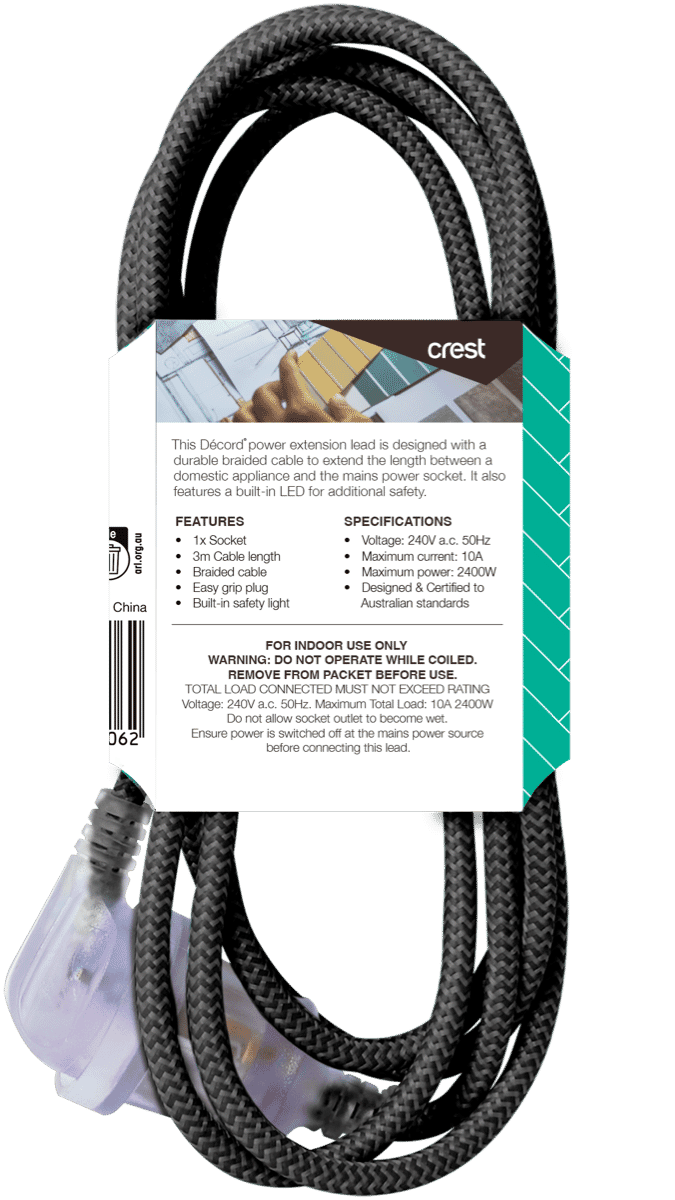 Crest Decord Braided Extension Lead 3m (Black)