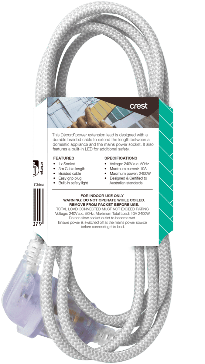 Crest Decord Braided Extension Lead 3m (Grey)