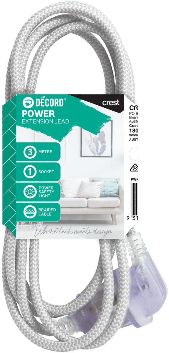 Crest Decord Braided Extension Lead 3m (Grey)