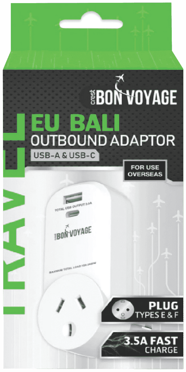 Bon Voyage Travel Adaptor AU to EU (2 USB Ports)