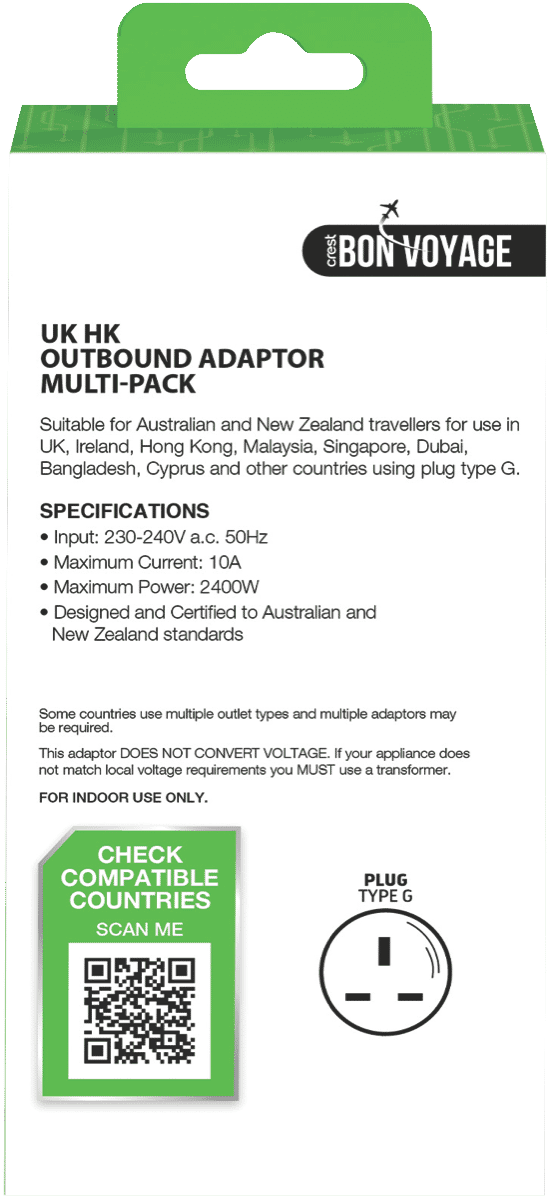 Bon Voyage Travel Adaptor Australia to UK (2 Pack)