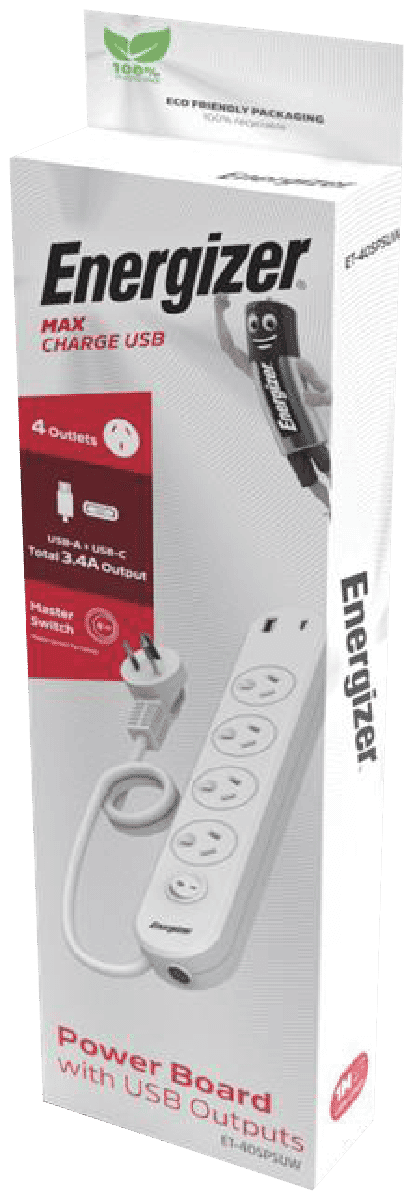 Energizer 4 Outlet Power Board with Surge Protection & 2 USB Ports