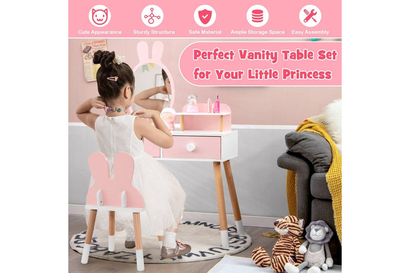 Costway 2 in 1 Dressing Table Vanity Table Set w/ Stool&Mirror Pink