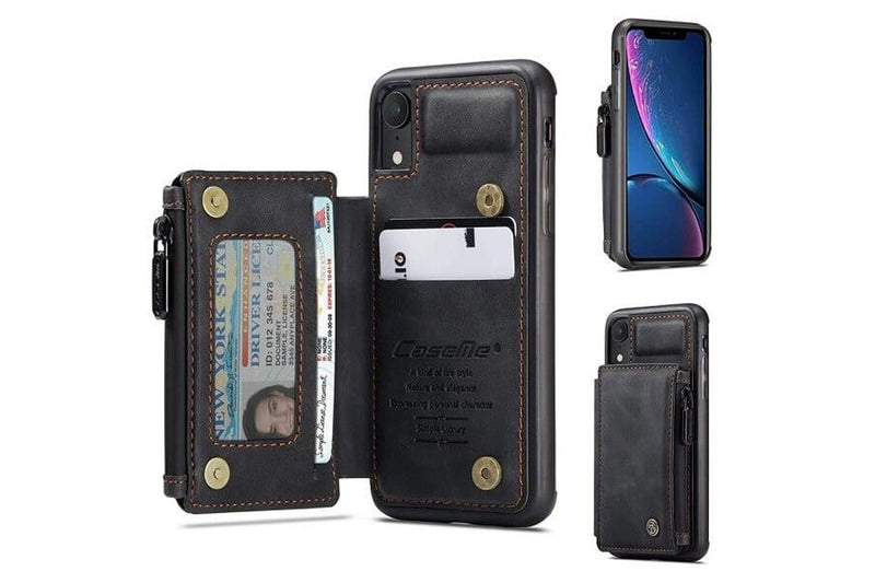 For Apple iPhone XR CaseMe Back Zipper Wallet Case W/ 3 Card Slots, RFID Blocking, 1 Money Pocket, Credit Card Holder Leather Cover (Black)
