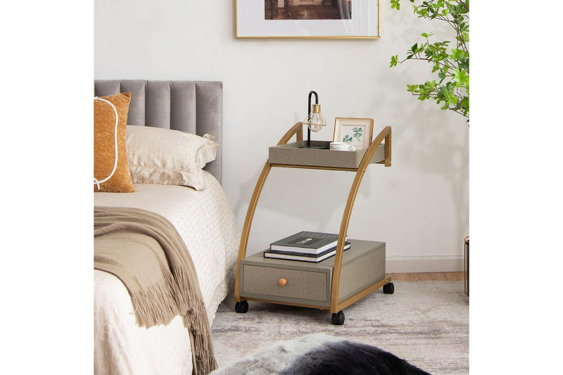 Giantex 2-tier Mobile End Table C-Shaped Sofa Side Table w/Lockable Wheels & Drawer Mobile Serving Cart Grey