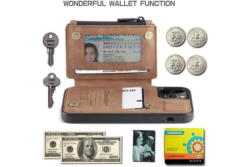 For Apple iPhone 13 Pro CaseMe Back Zipper Wallet Case W/ 3 Card Slots, RFID Blocking, 1 Money Pocket, Credit Card Holder Leather Cover (Brown)