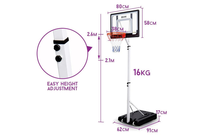 Dr.Dunk 2.6M Portable Basketball Hoop Stand System Height Adjustable Net Ring Slam Backboard Kids